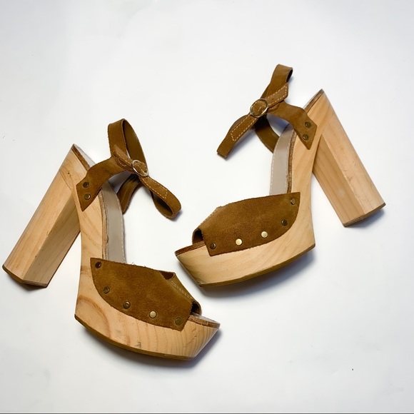 Zara suede leather wooden platform heeled sandals